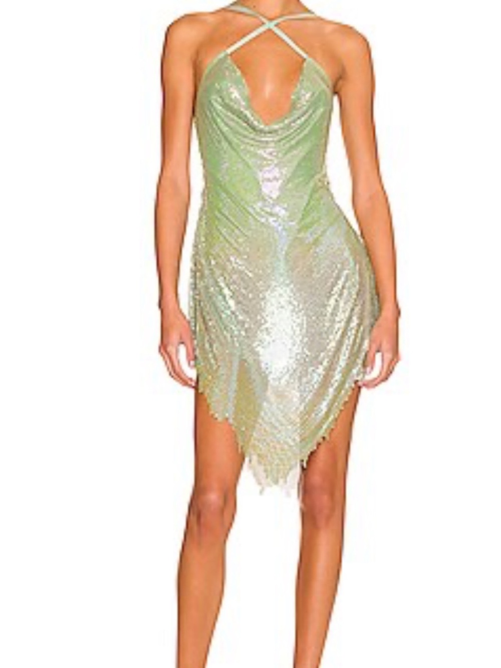 POSTER GIRL Iridescent Light Green Sequin Asymmetrical Slip Dress